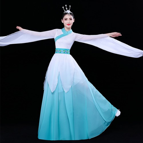 Women's chinese folk dance costumes female ancient water sleeves classical fairy umbrella fan dance dress costumes
